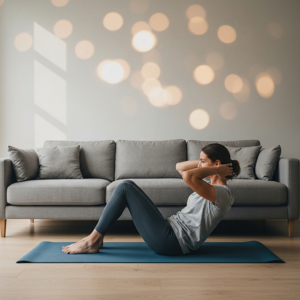 A warmly lit living room with a plush gray couch. A yoga mat is placed in front of the couch. A person wearing comfortable workout clothes is performing sit-ups with their feet tucked under the couch, their hands gently supporting their head. Bokeh effect in the background creates a soft, inviting atmosphere.