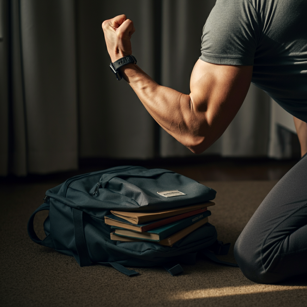 A student's bedroom. Natural daylight illuminates a sturdy backpack filled with books lying on the floor. A male figure, dressed in a t-shirt, is shown midway through a bicep curl, holding the backpack by the handle. His bicep is flexed, showcasing muscular definition. The background is slightly blurred.