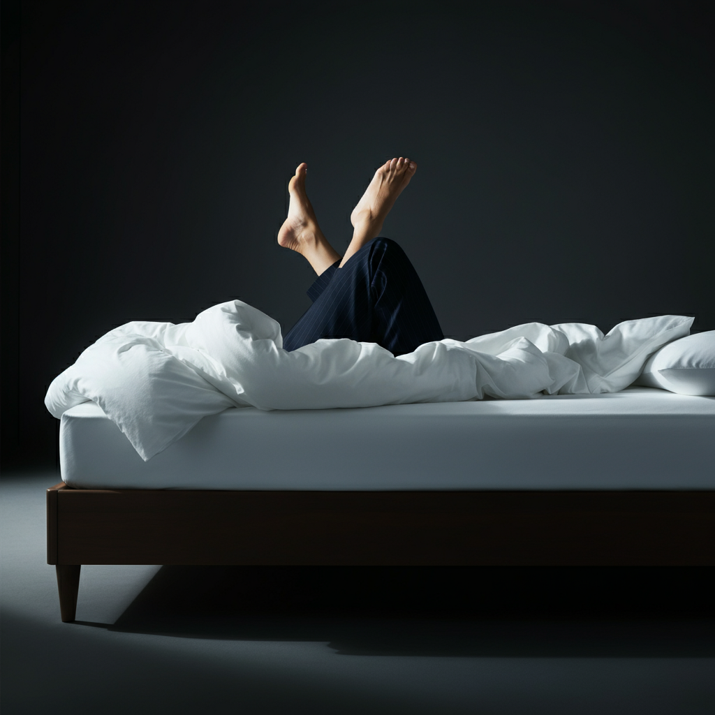 A clean, minimalist bedroom. A person is lying on their back on a neatly made bed with white linens, knees bent and feet flat. Their hands are gently placed behind their head. Soft, diffused light highlights the texture of the bedding.