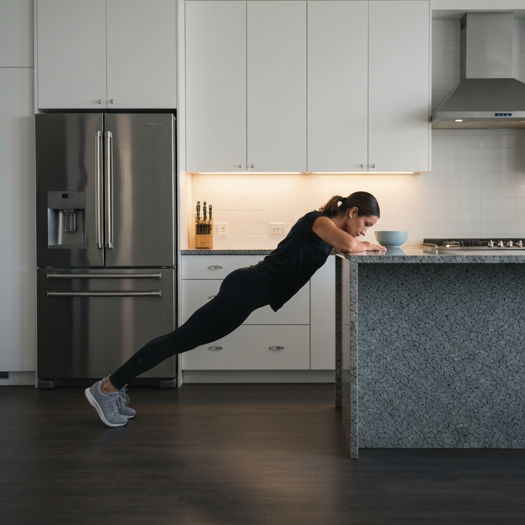 A modern kitchen with stainless steel appliances. A person in workout gear is performing push-ups against a granite countertop. The lighting is bright and even, showcasing the clean lines of the kitchen. 