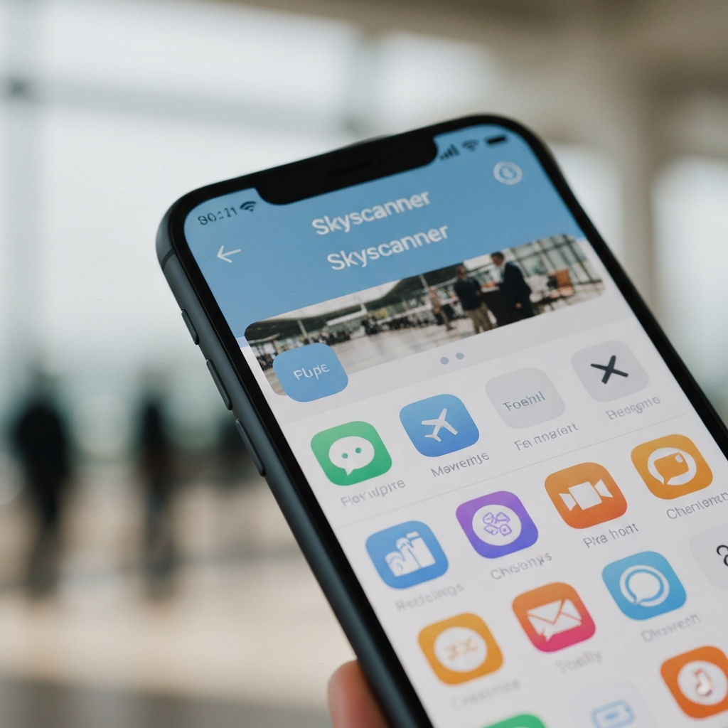 Close-up shot of a smartphone displaying the Skyscanner app interface, highlighting flight search results. Focus on the crisp text and vibrant colors of the app icons. Soft bokeh in the background suggests a bustling airport environment.