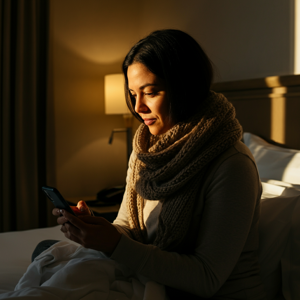 A woman with a scarf is sitting on a hotel bed, looking at the screen of her smartphone. Sunlight from the window side-lights her face, highlighting the texture of the knitted scarf. The bedspread is neatly arranged, and the room is clean and minimalist.