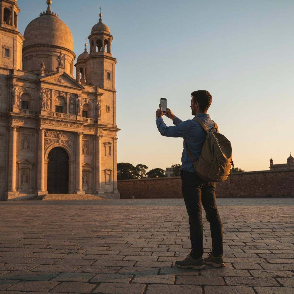 A traveler, dressed in comfortable walking shoes and a backpack, stands in front of a historic landmark, holding up their smartphone to take a photo. The golden hour lighting casts a warm glow on the building's facade and the traveler's face.
