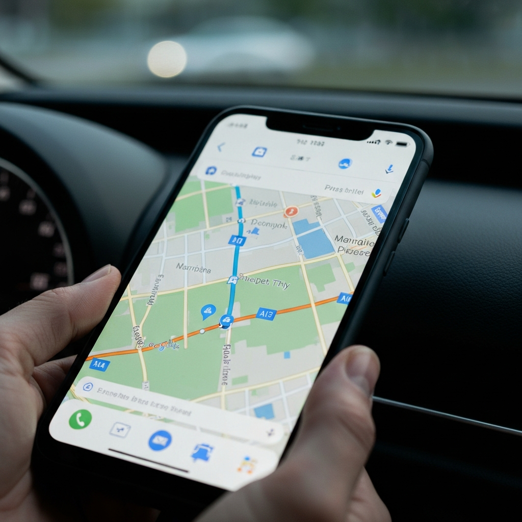 Close-up of a smartphone displaying Google Maps with a route highlighted. The focus is on the details of the map, including street names, landmarks, and traffic conditions. Soft focus on the background, suggesting a car dashboard.