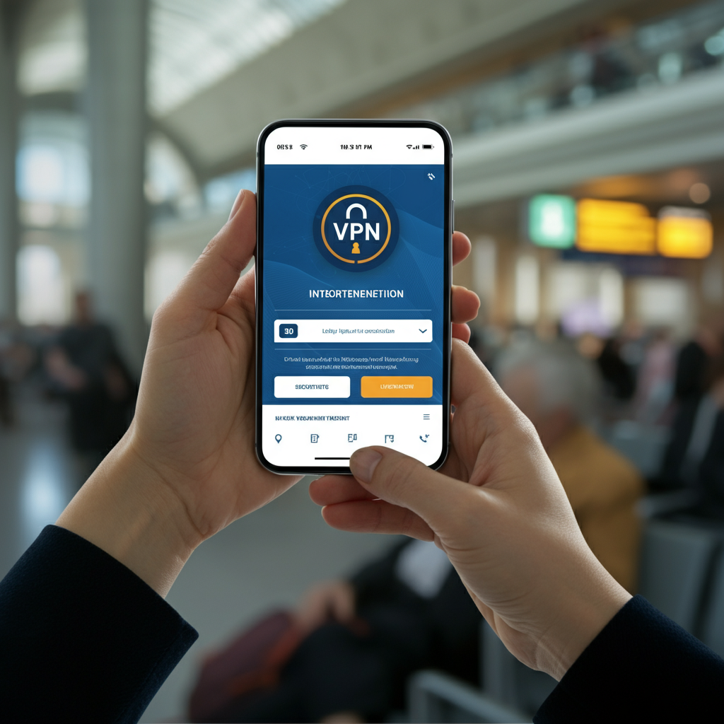 Hands holding a smartphone with a VPN app displayed on the screen. The background is blurred, showing a crowded public space, suggesting the importance of secure internet connections while traveling.