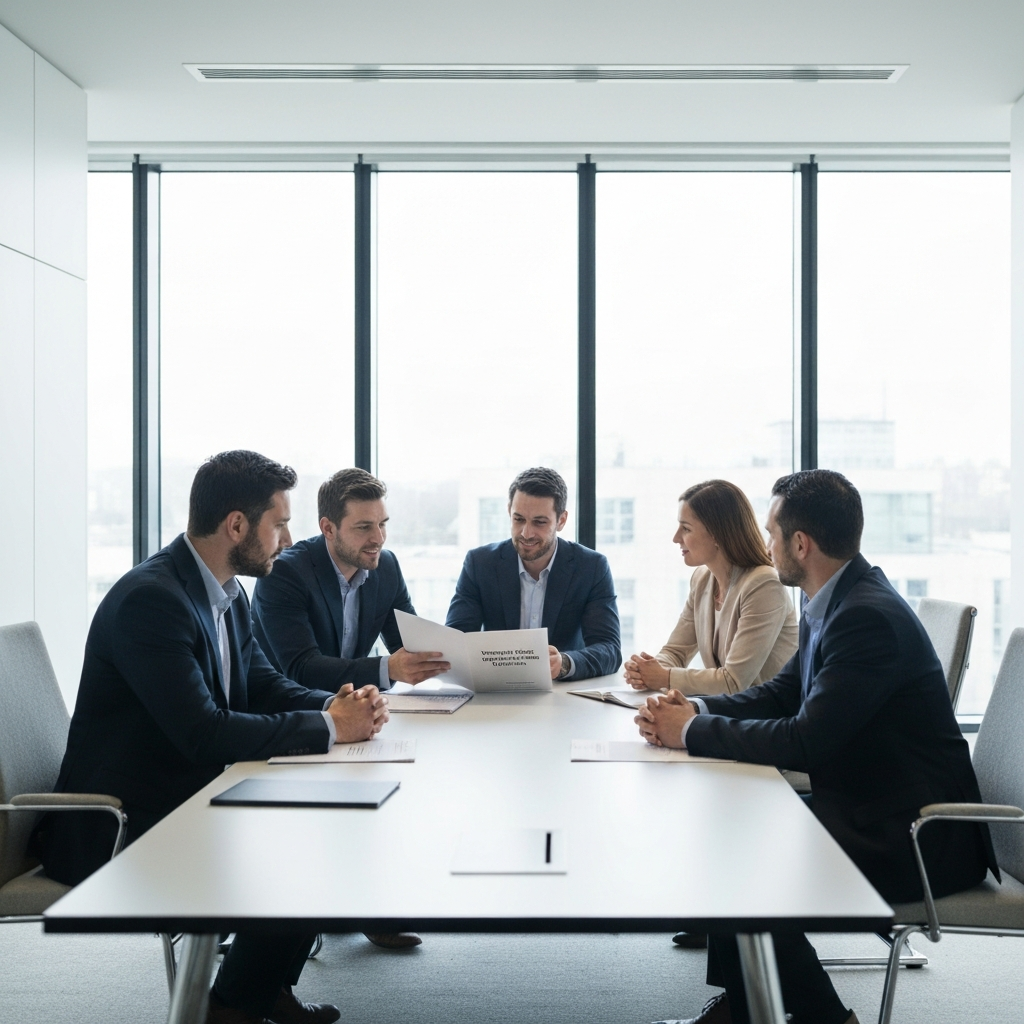 A small team meeting in a modern conference room. Employees are discussing a document titled "Workplace Music Guidelines". Natural light from a large window.