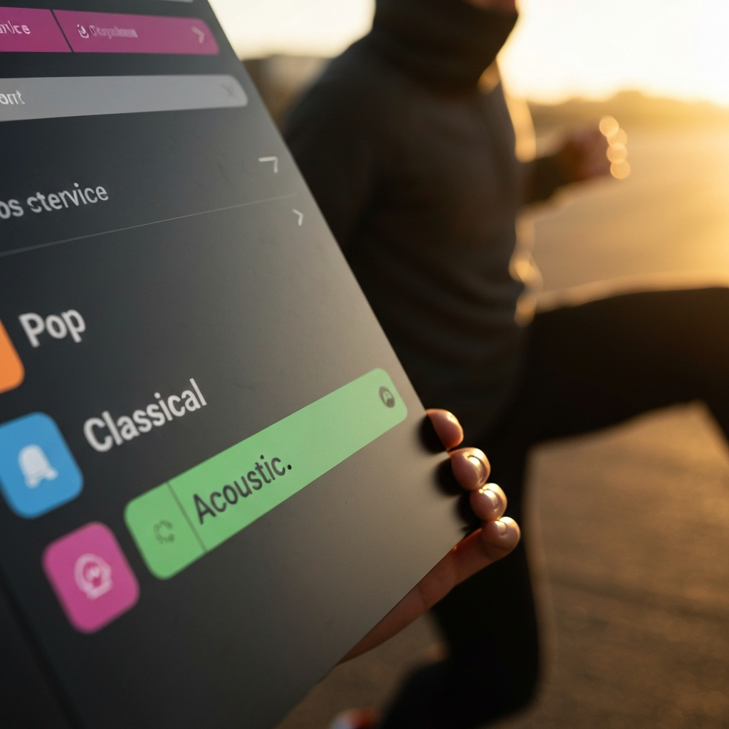 A close-up shot of a hand selecting different music genres on a streaming service interface. The interface displays options like "Pop," "Jazz," "Classical," and "Acoustic". Shallow depth of field.