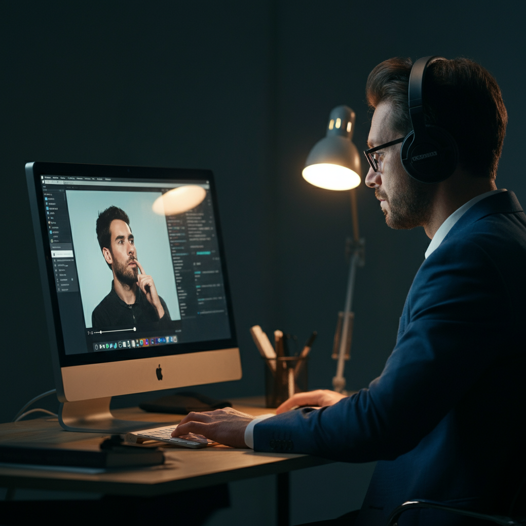 An employee sitting at their desk, carefully reviewing lyrics of a song on their computer screen before adding it to a playlist. Soft side-lit textures on the monitor.