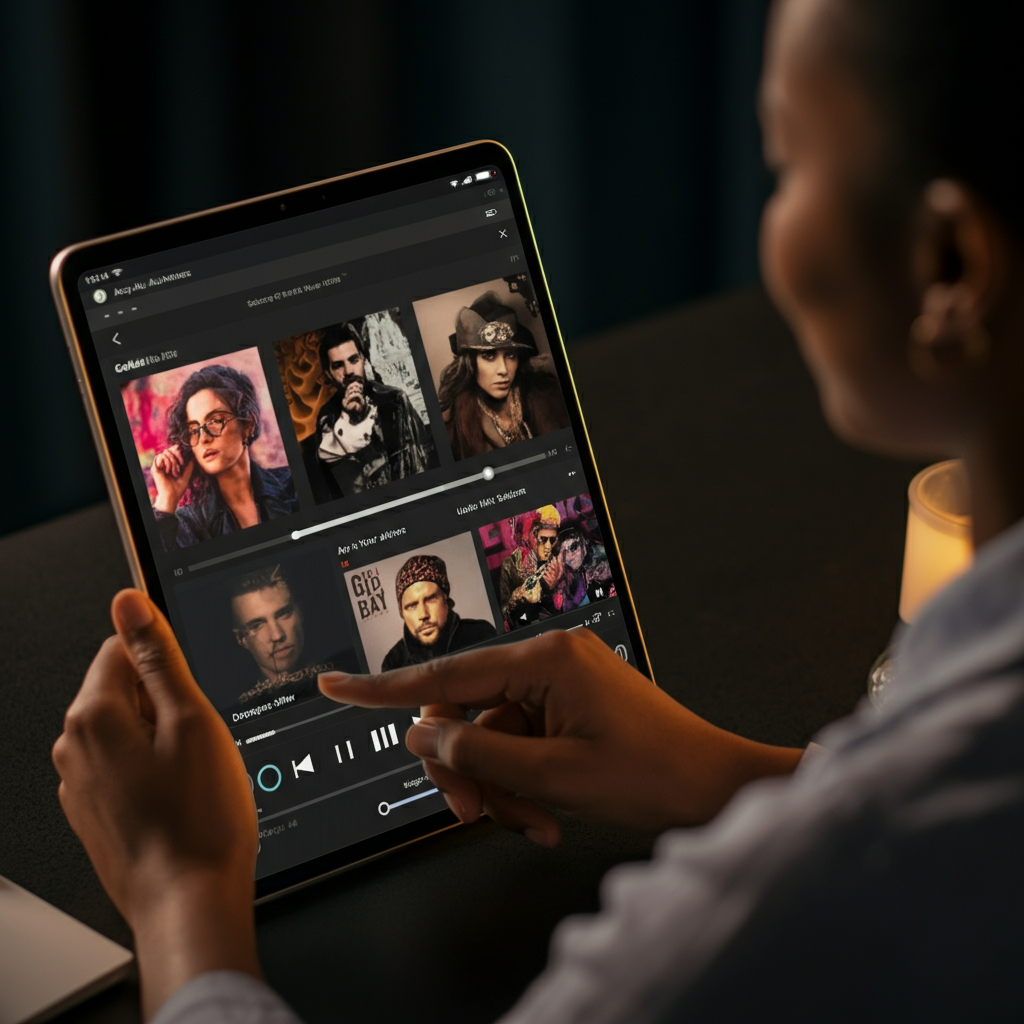 An employee is adding songs to a playlist on a music streaming platform. The playlist interface shows a mix of different genres and artists. Golden hour lighting.
