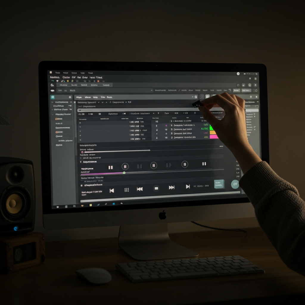 A person dragging and dropping songs within a playlist on a computer screen, organizing them based on tempo and genre. The screen reflects ambient light.