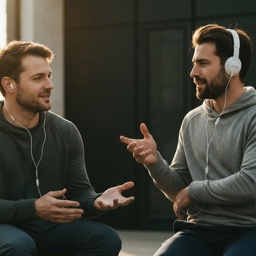 Two employees casually listening to music together in a break room, discussing their thoughts and opinions on the playlist. Soft focus on the background.