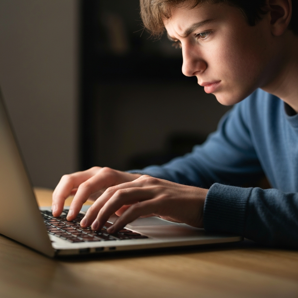 A close-up of a teen's hands typing on a laptop, illuminated by the screen's glow in a dimly lit room. The focus is on the keystrokes and the slight furrow in their brow, suggesting concentration. Soft bokeh in the background highlights the intensity of the research process.