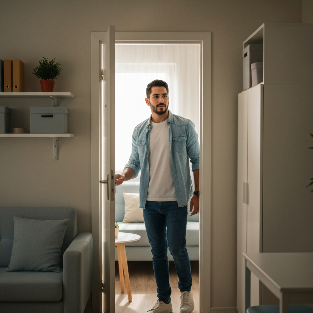 A young person opens the door to a small, tidy apartment. Sunlight streams through the open doorway, illuminating dust motes dancing in the air. The apartment is modestly furnished but clean and organized. Soft lighting emphasizes the welcoming atmosphere.