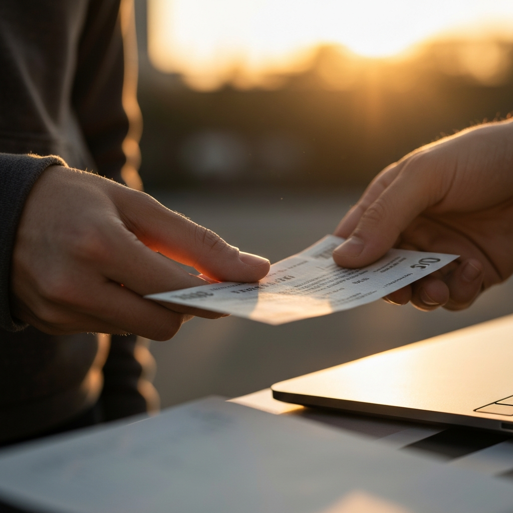 A side-lit close-up of a hand handing over a paycheck. The paper's texture is visible, and the focus is sharp. Golden hour lighting adds warmth and highlights the importance of financial stability.