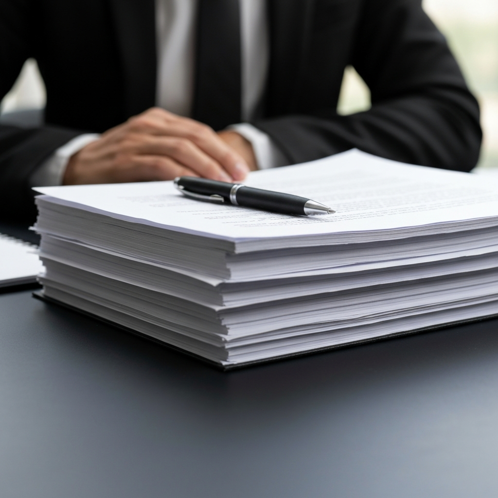 A stack of legal documents neatly arranged on a desk. A pen rests on top of the stack, suggesting preparation and attention to detail. Soft, natural light highlights the texture of the paper and the importance of documentation.