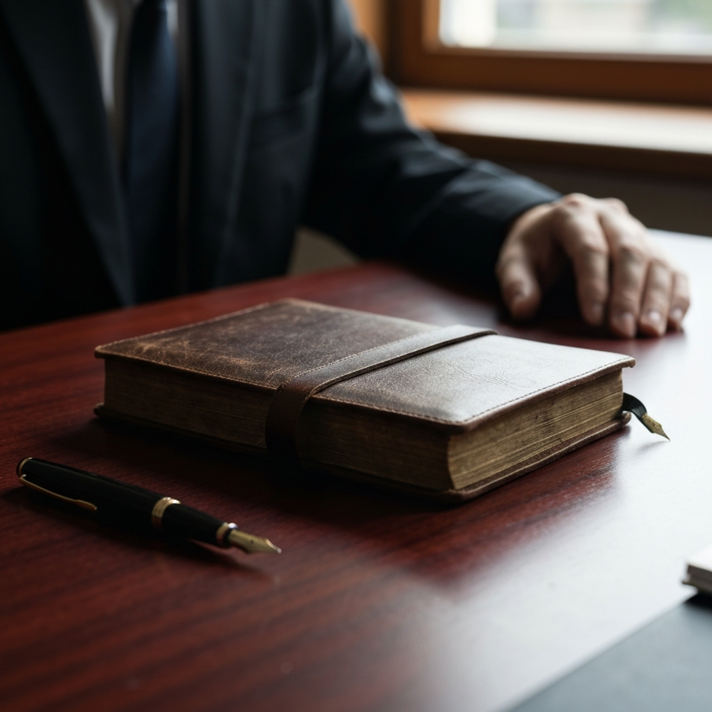 A close-up shot of a worn leather-bound journal resting on a mahogany desk, illuminated by soft, diffused light from a nearby window. A fountain pen lies open beside it. Soft focus on background elements.