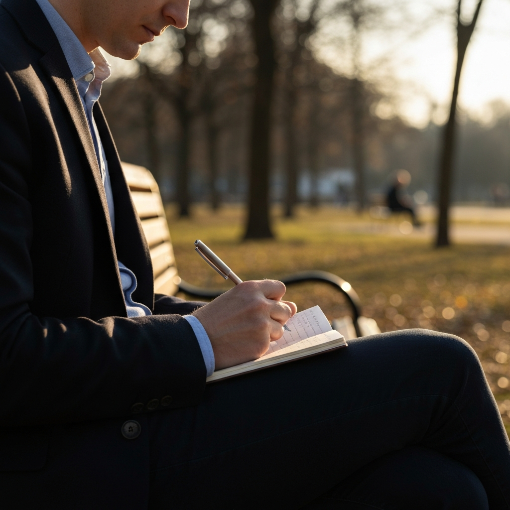 A person sitting at a park bench bathed in golden hour light, jotting notes in a small notebook. The background features blurred trees and distant figures. Emphasis on the texture of the paper and pen.