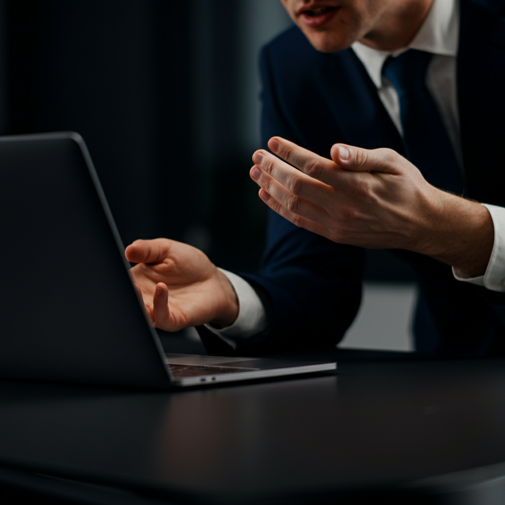 A slightly blurred image of two colleagues in a modern, softly lit office collaborating over a laptop. One is gesturing towards the screen while the other listens intently. Focus on their hands and facial expressions.