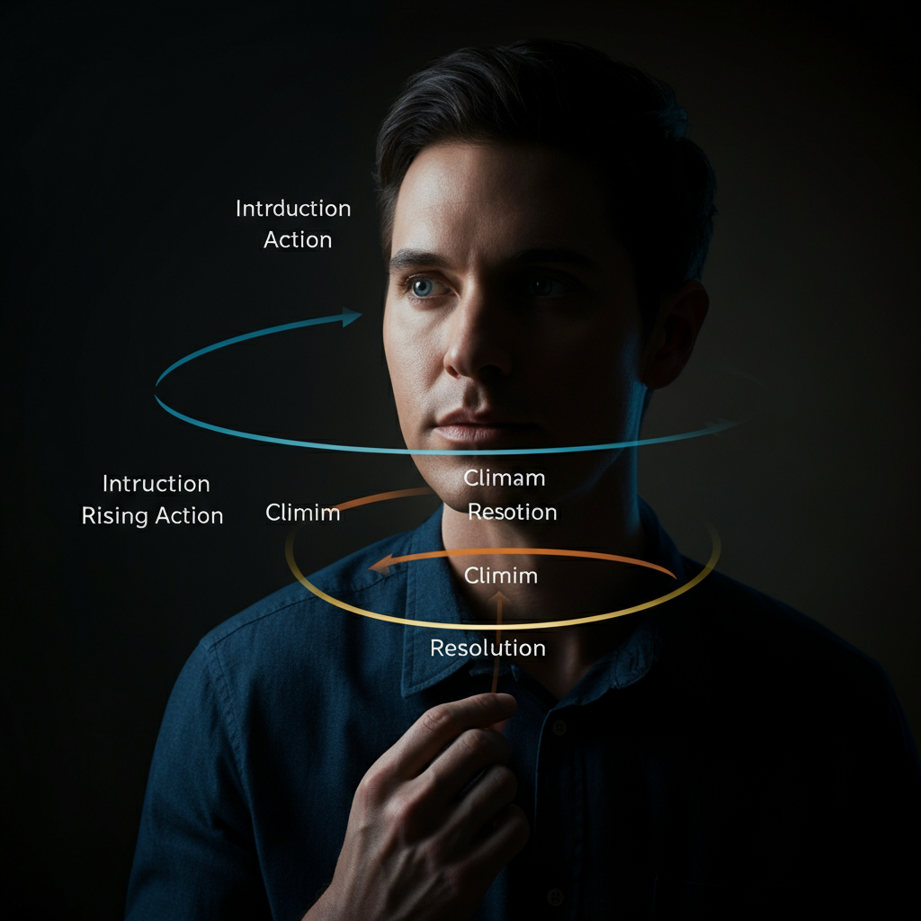 A diagram illustrating the typical narrative arc, with labels for each stage (Introduction, Rising Action, Climax, Falling Action, Resolution). The diagram is simple and clean, with professional typography.