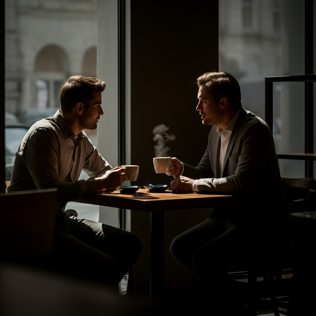Two people having a conversation at a coffee shop. Soft lighting emphasizes the steam rising from their mugs. Background is slightly blurred, creating a sense of intimacy.