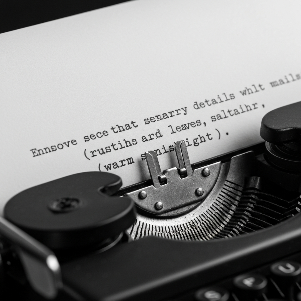 A macro shot of a vintage typewriter, with a partially typed page showing words that evoke sensory details ("rustling leaves," "salty air," "warm sunlight"). Soft focus on the background.