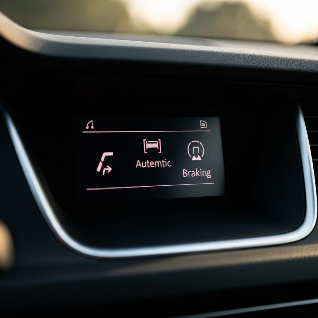 A close-up shot of a car's dashboard, highlighting the safety features display. Soft bokeh in the background, with emphasis on the icons for lane departure warning and automatic emergency braking. Natural light reflecting subtly off the dashboard's surface.