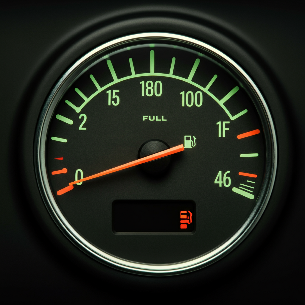 A fuel gauge showing "full" with a green eco-friendly background. Soft, diffused lighting, highlighting the texture of the gauge and the vibrancy of the green background.