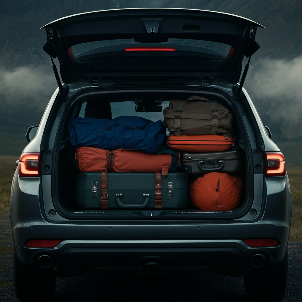 The open trunk of an SUV filled with luggage and camping gear. The tailgate is partially open, with sunlight streaming into the cargo area. Focus on the arrangement of the items and the spaciousness of the trunk. Soft, natural lighting.