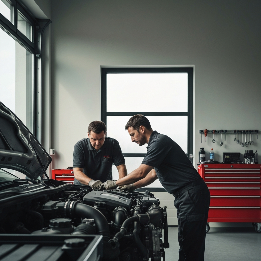 A mechanic working on a car engine in a clean and organized garage. Natural light coming in from a nearby window, highlighting the tools and equipment. Focus on the expertise and precision of the mechanic.