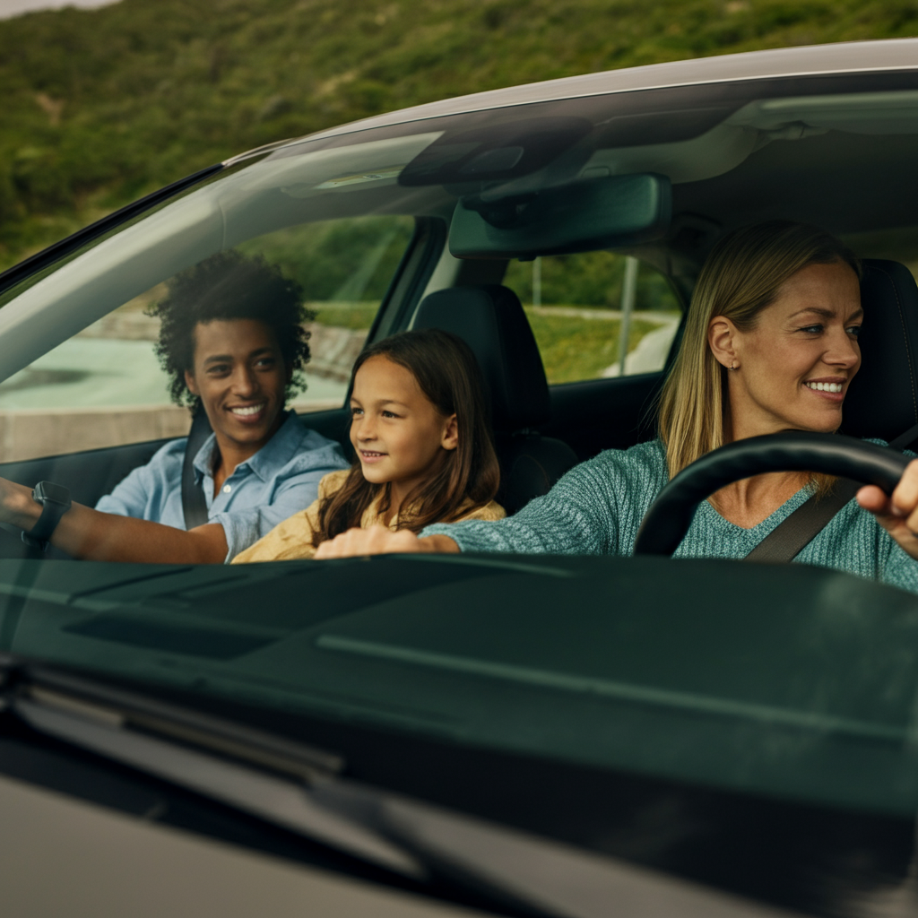 A family test driving a car with a friendly salesperson in the passenger seat. The car is driving on a scenic road, with lush greenery in the background. Focus on the family's expressions and their interaction with the salesperson.