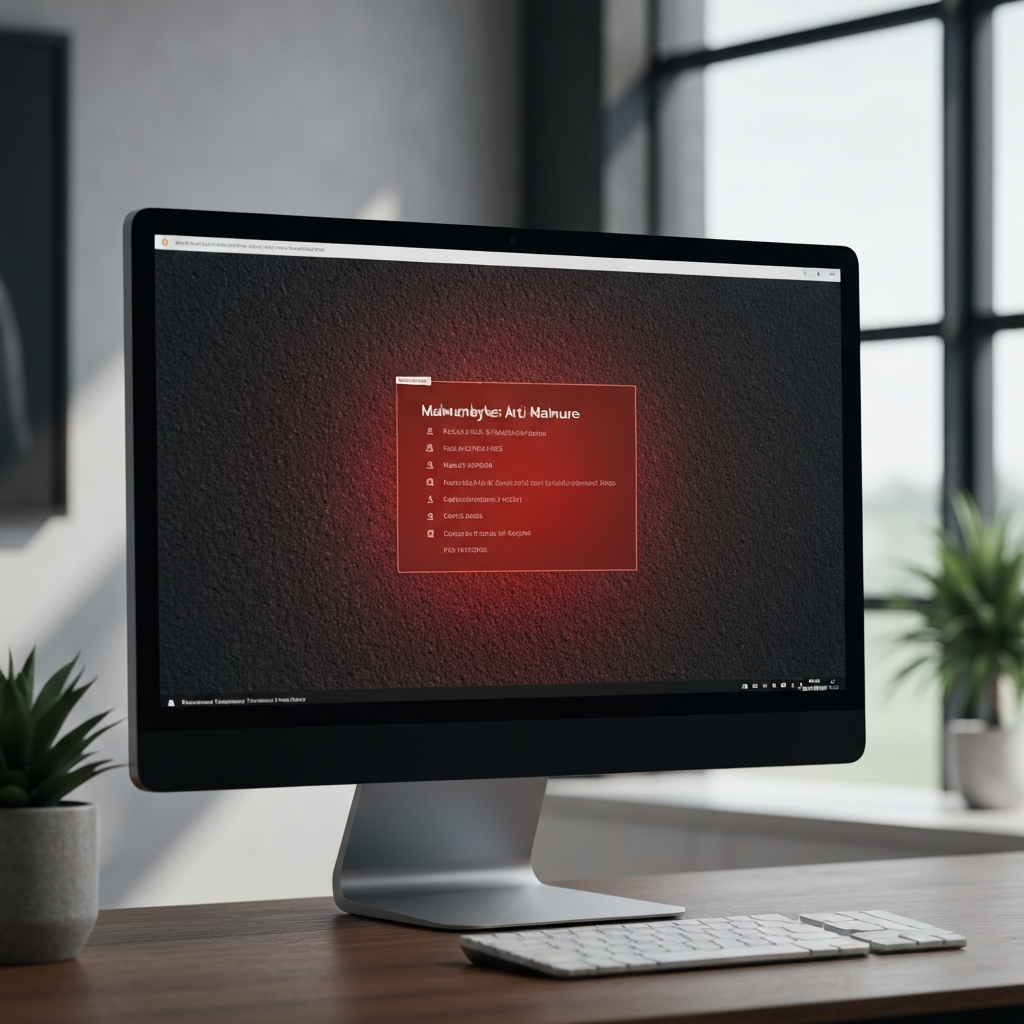 A computer monitor displaying the scan results of Malwarebytes Anti-Malware, highlighting quarantined files with a red glow, soft side lighting emphasizing the screen texture.