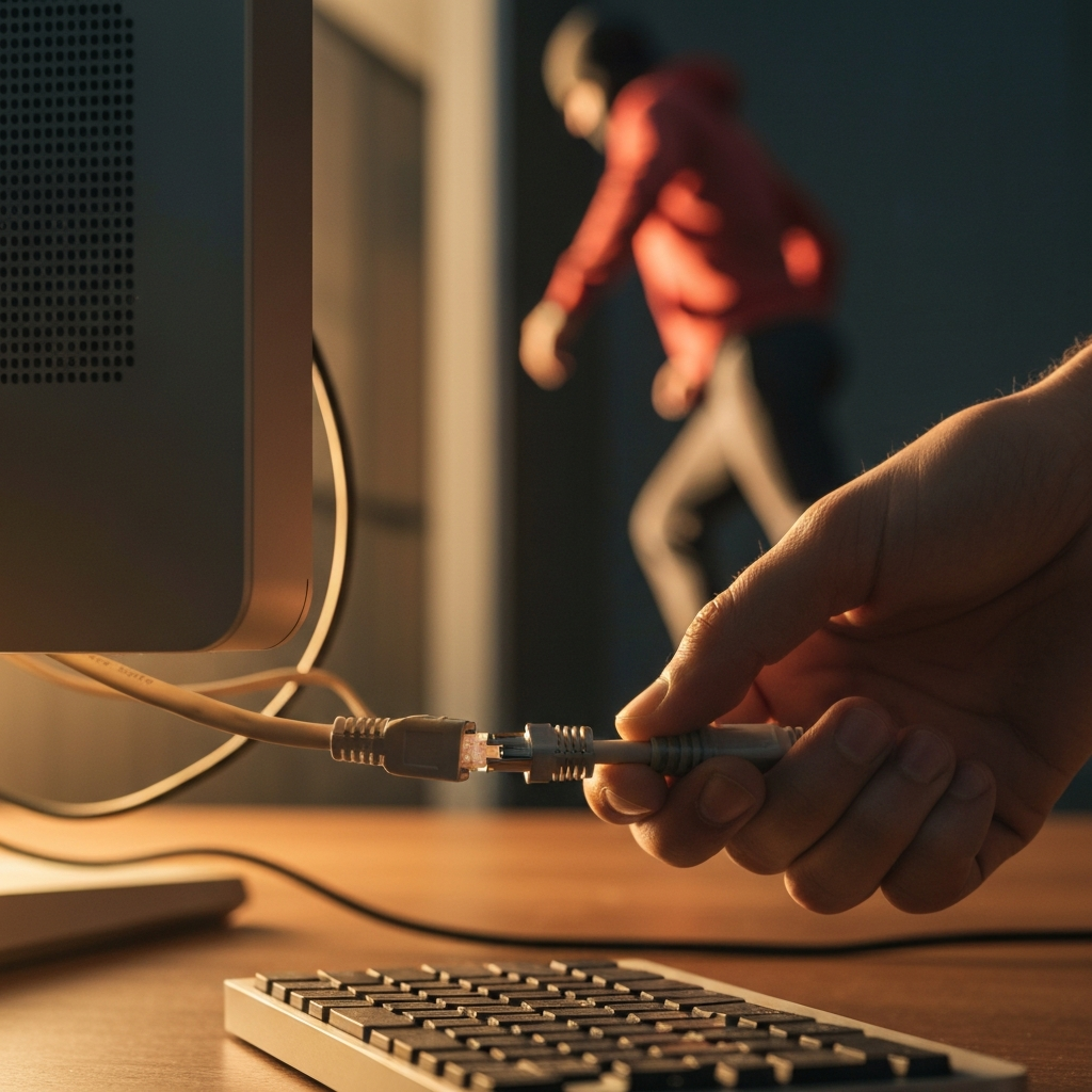 A hand reaching behind a desktop computer to unplug an ethernet cable, focusing on the cable texture and port connection, warm indirect lighting.