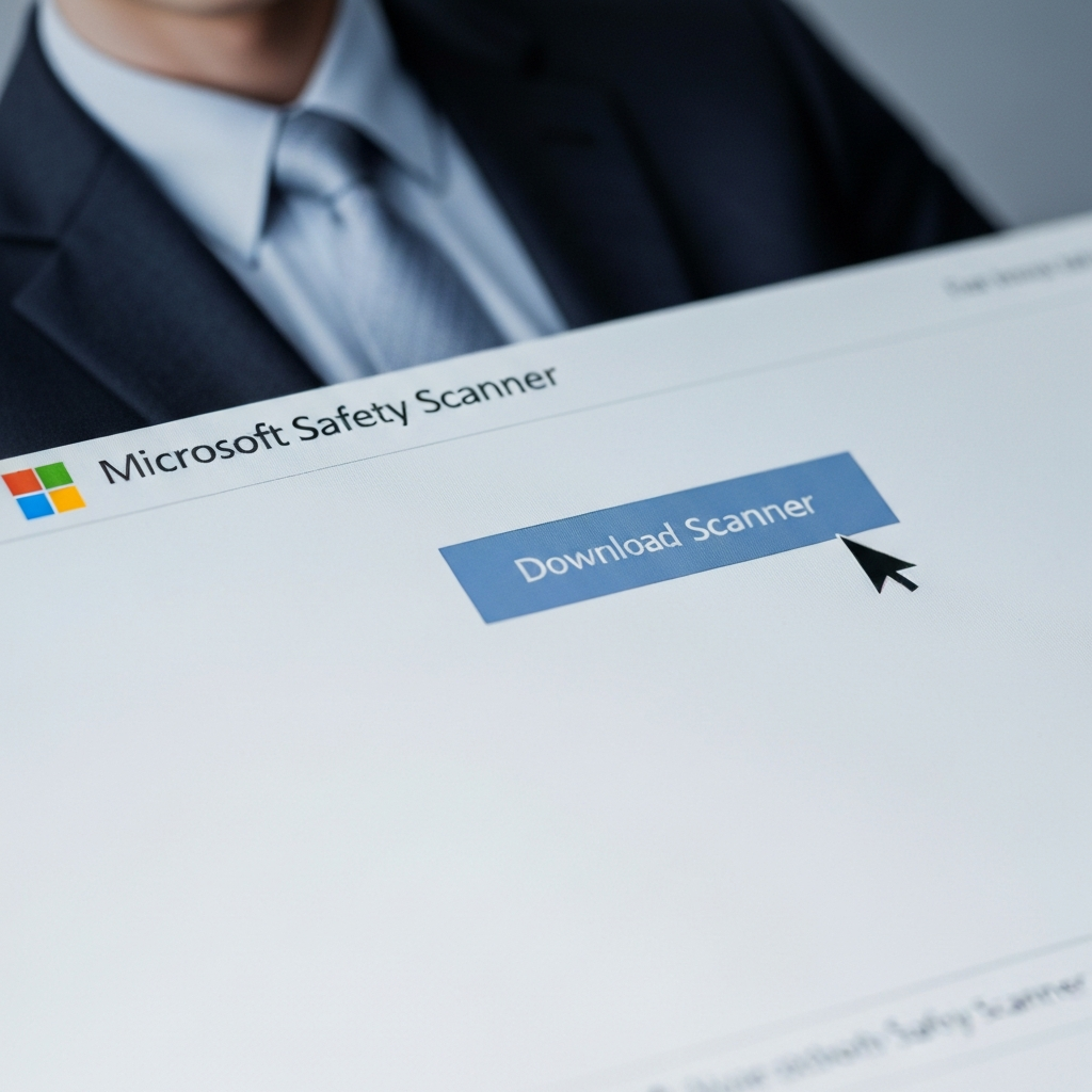 A user clicking the "Download" button on the Microsoft Safety Scanner webpage, focusing on the mouse cursor and screen detail, soft overhead lighting.