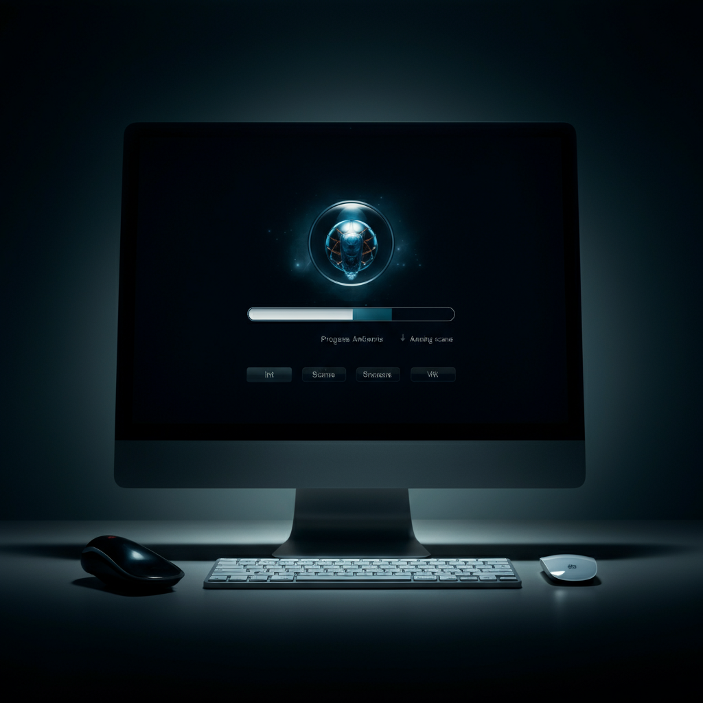 A computer screen displaying the progress bar of an antivirus scan, highlighting the scanning process, soft, diffused lighting.