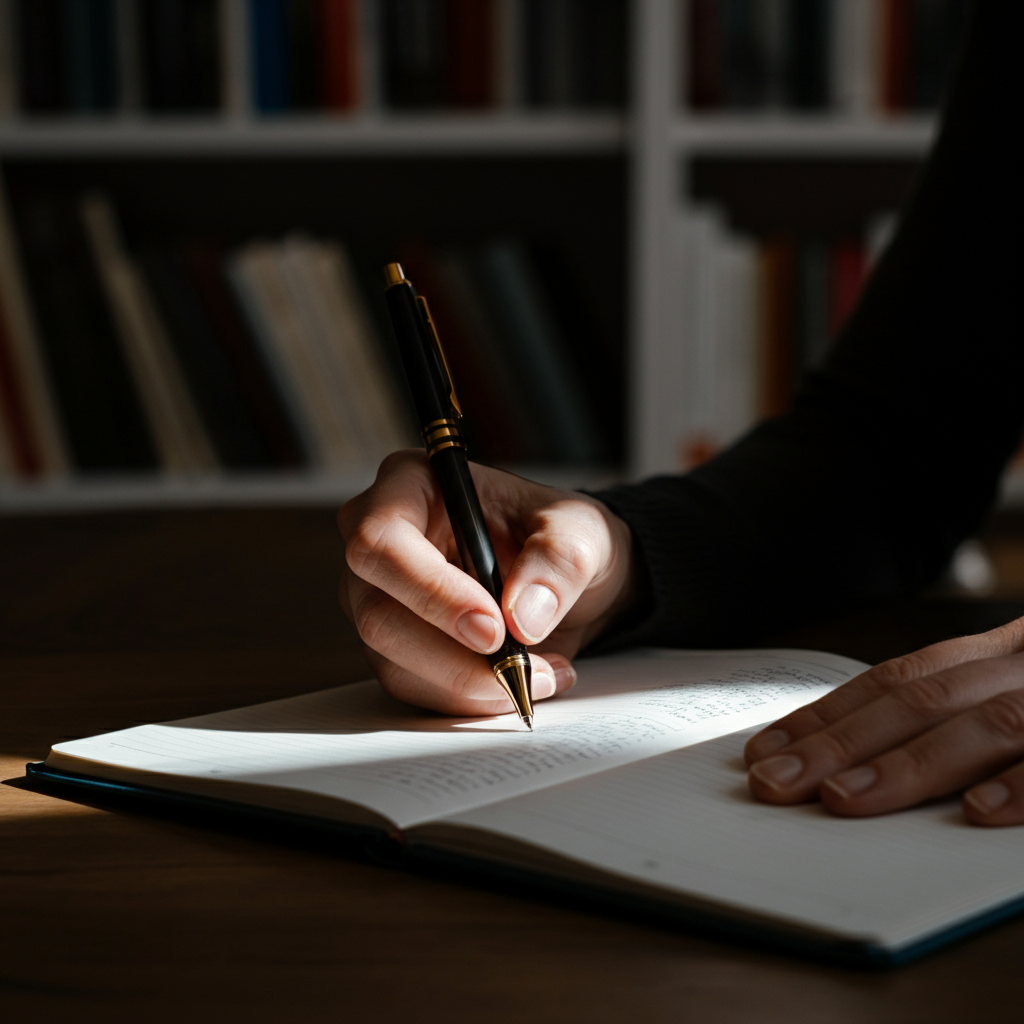 Close-up of a hand writing in a notebook with soft, natural light illuminating the paper and pen. The background shows a blurred bookshelf filled with academic texts.
