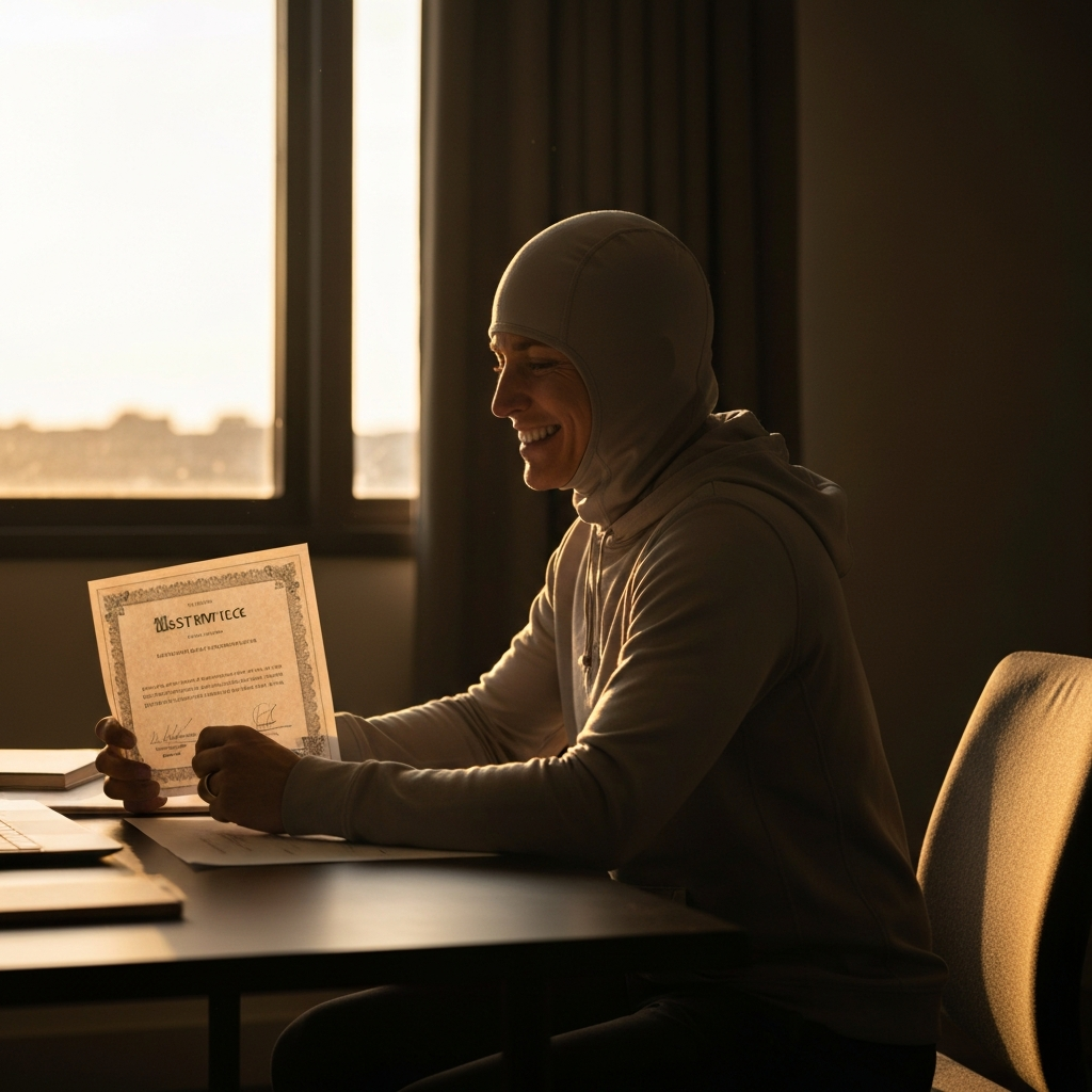 A person sitting at a desk, smiling and holding a certificate. The scene is side-lit, highlighting the texture of the certificate paper.