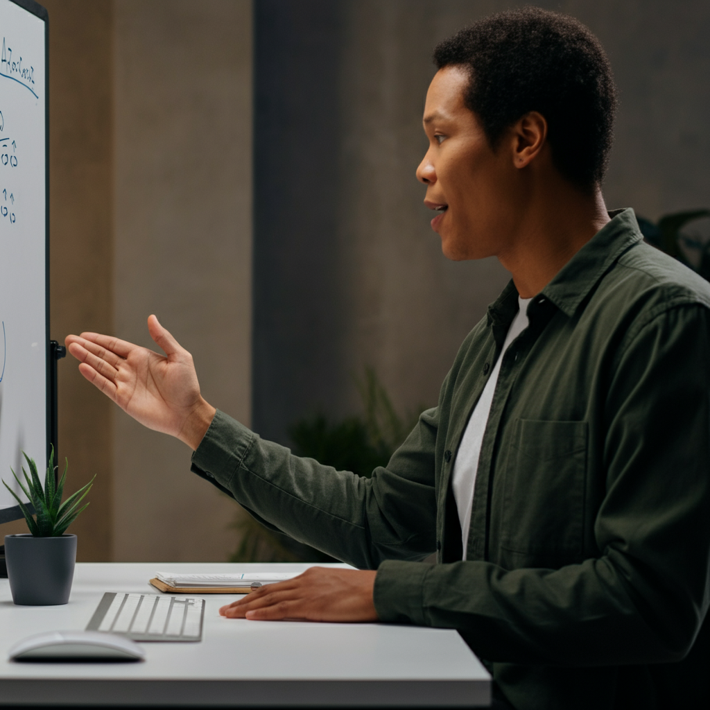 A person enthusiastically gesturing while explaining a concept on a whiteboard during an online tutoring session. The webcam view is clear, and the background is a tidy workspace.