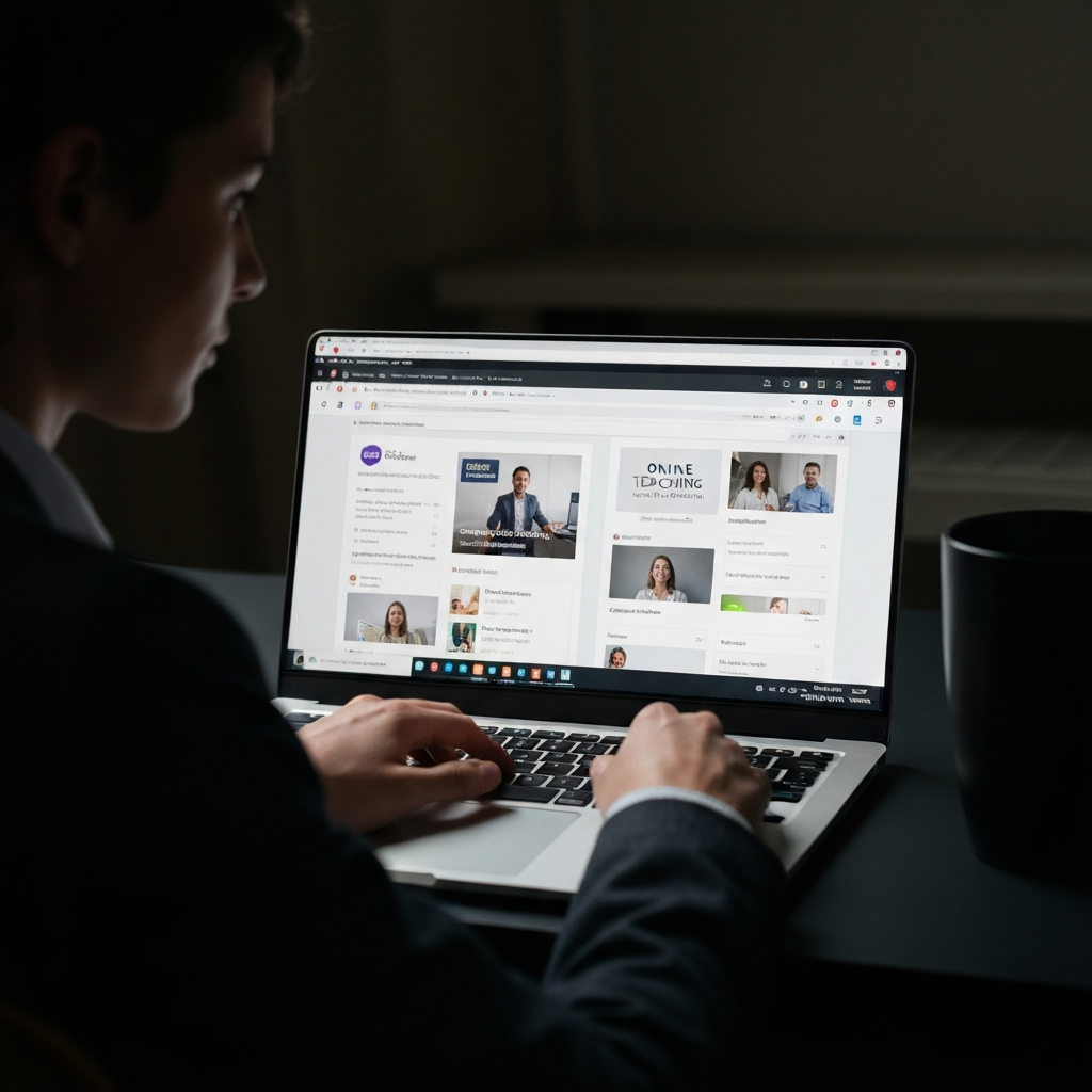 A person looking at a laptop with multiple browser tabs open, each displaying a different online teaching platform. The lighting is balanced, and the scene conveys a sense of focused research.