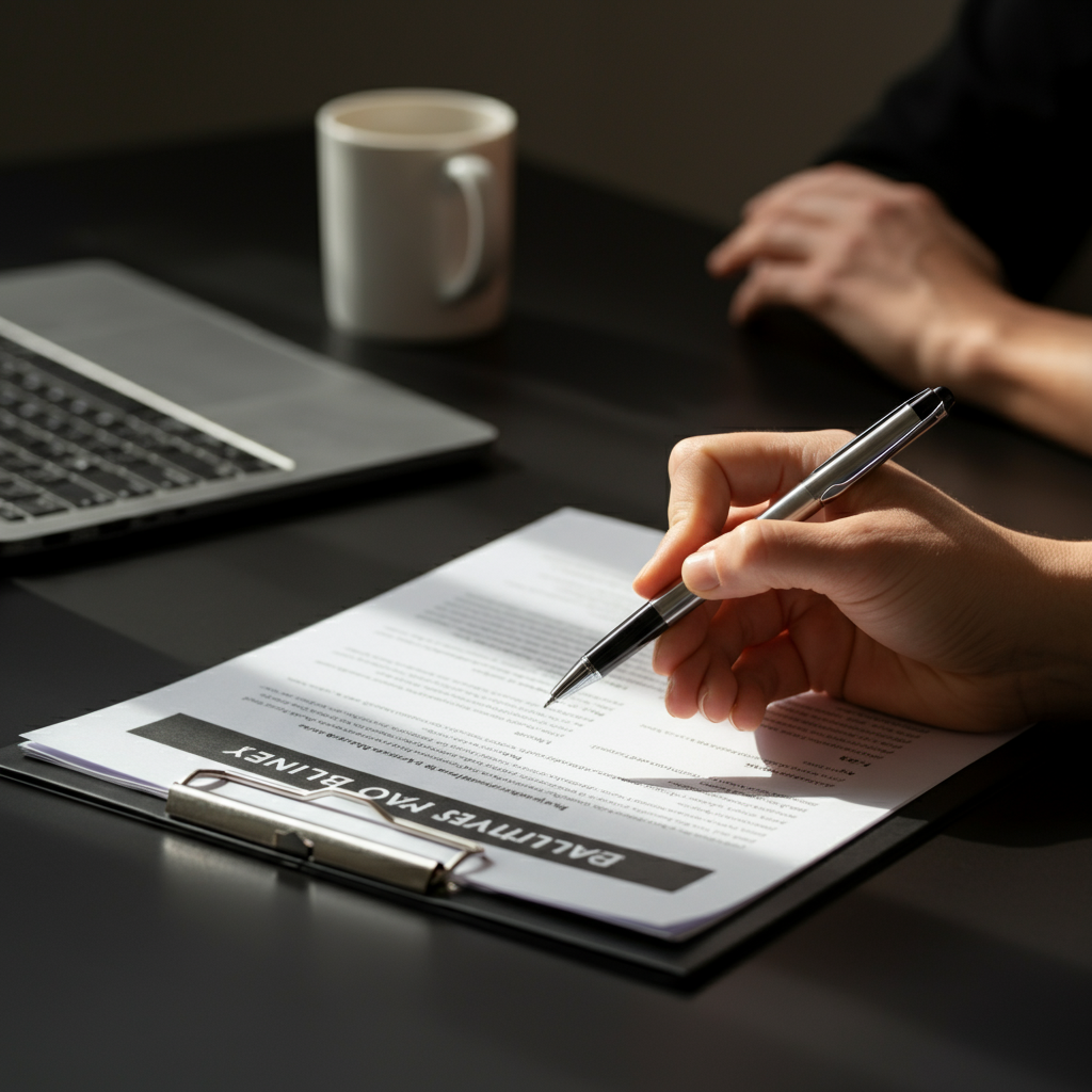Close-up of a person carefully reviewing a resume, highlighting keywords and skills with a pen. The desk is organized, and the scene exudes professionalism.