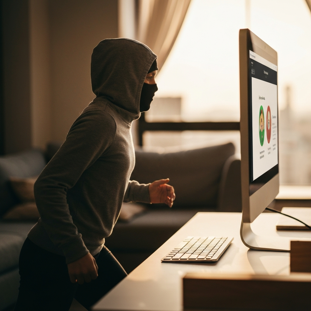 A side-lit view of a computer screen displaying an interactive online lesson with animated graphics. A blurred background shows a comfortable learning environment.