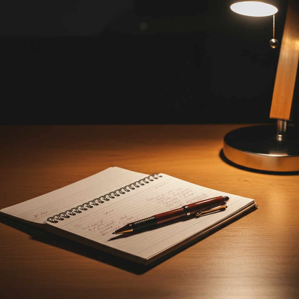 Close-up shot of a notepad and pen on a wooden desk. The lighting is soft and diffused, highlighting the texture of the paper and the pen's metallic accents. The handwriting on the notepad is legible and organized, suggesting a careful recording of ideas. A warm, inviting glow emanates from a nearby lamp.