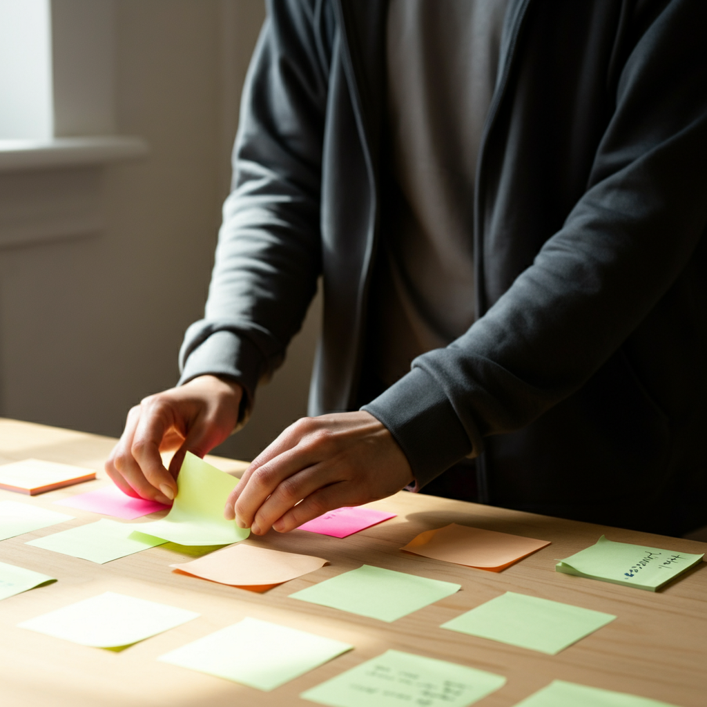 A person's hands are sorting through a collection of small, colorful sticky notes on a light-colored wooden table. Natural light streams in from a nearby window, creating a bright and airy atmosphere. The focus is on the texture of the sticky notes and the gentle movement of the hands as they organize the information.
