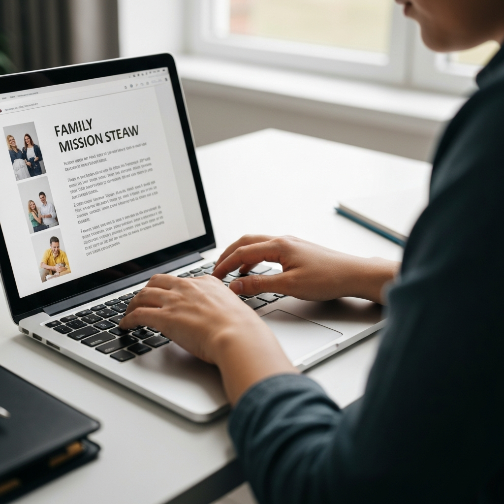 A person types on a laptop in a brightly lit home office. The focus is on the keyboard and the person's hands, which are moving with purpose and precision. The screen displays a document with a family mission statement. The background is blurred, creating a sense of depth and focus.