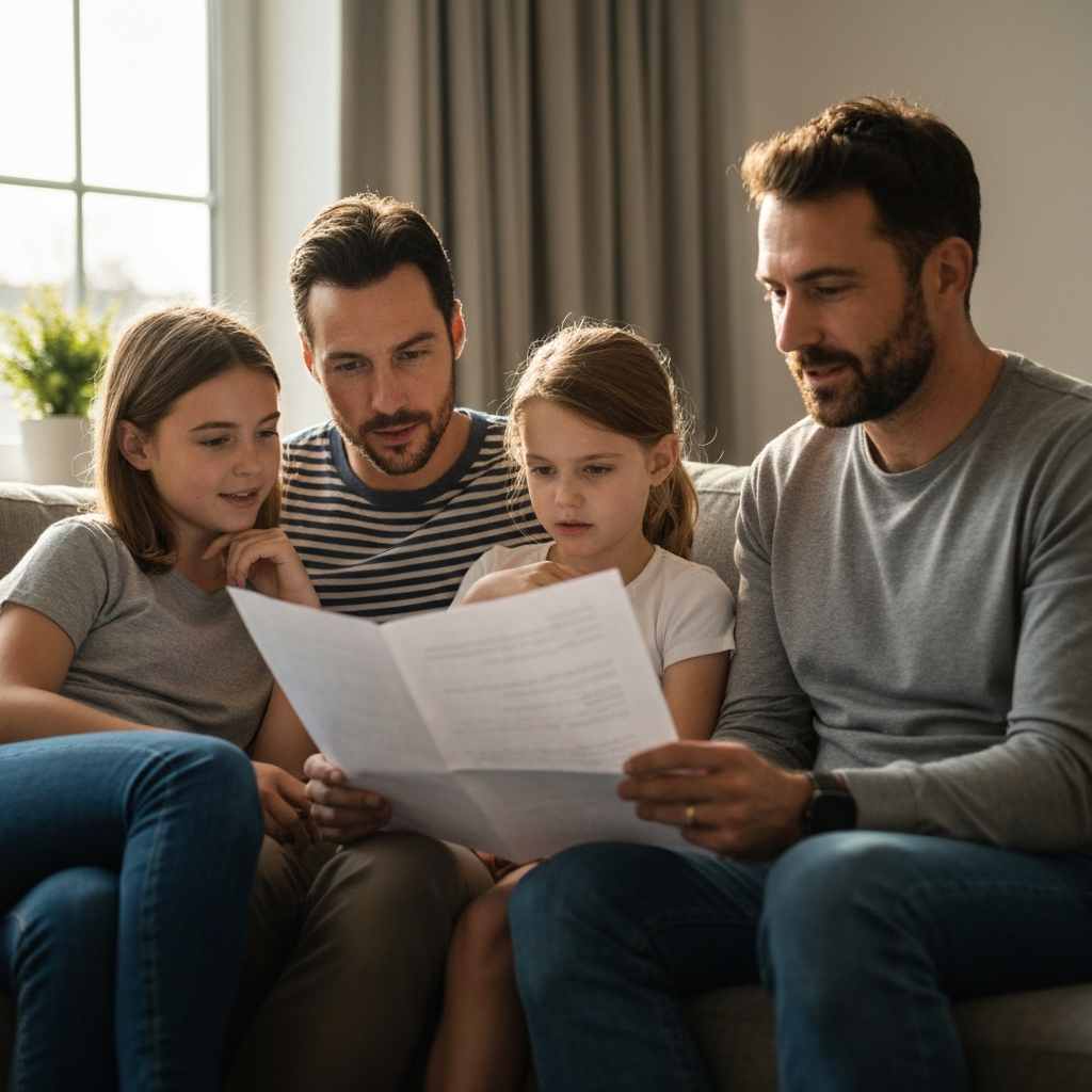 A family gathers on a comfortable sofa in their living room, reviewing a printed document together. Soft afternoon light streams through the window, illuminating their faces. The focus is on their expressions of thoughtfulness and engagement, suggesting a collaborative review process.