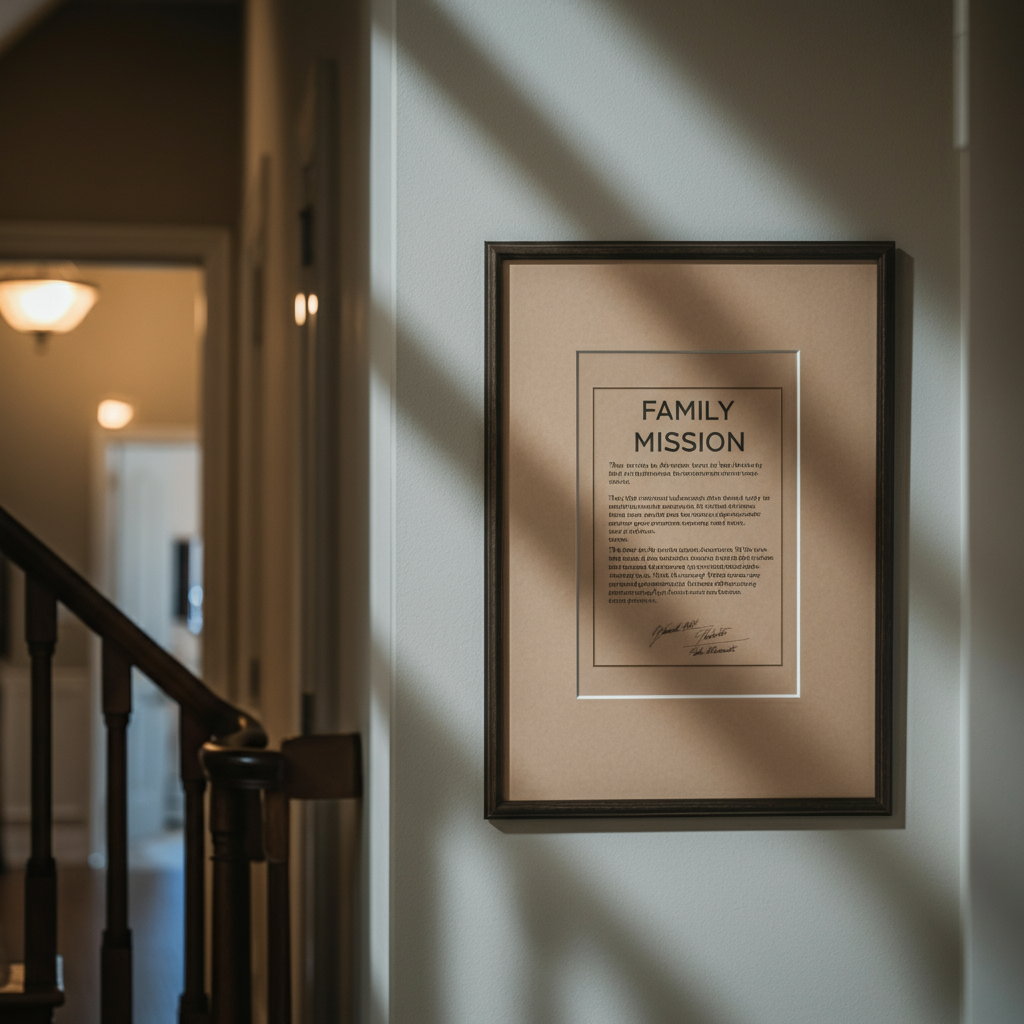 A framed family mission statement hangs on a wall in a well-decorated hallway. The lighting is warm and inviting, highlighting the frame's intricate details. The text of the mission statement is clear and legible, suggesting its importance to the family. Soft bokeh in the background adds a sense of depth and focus.