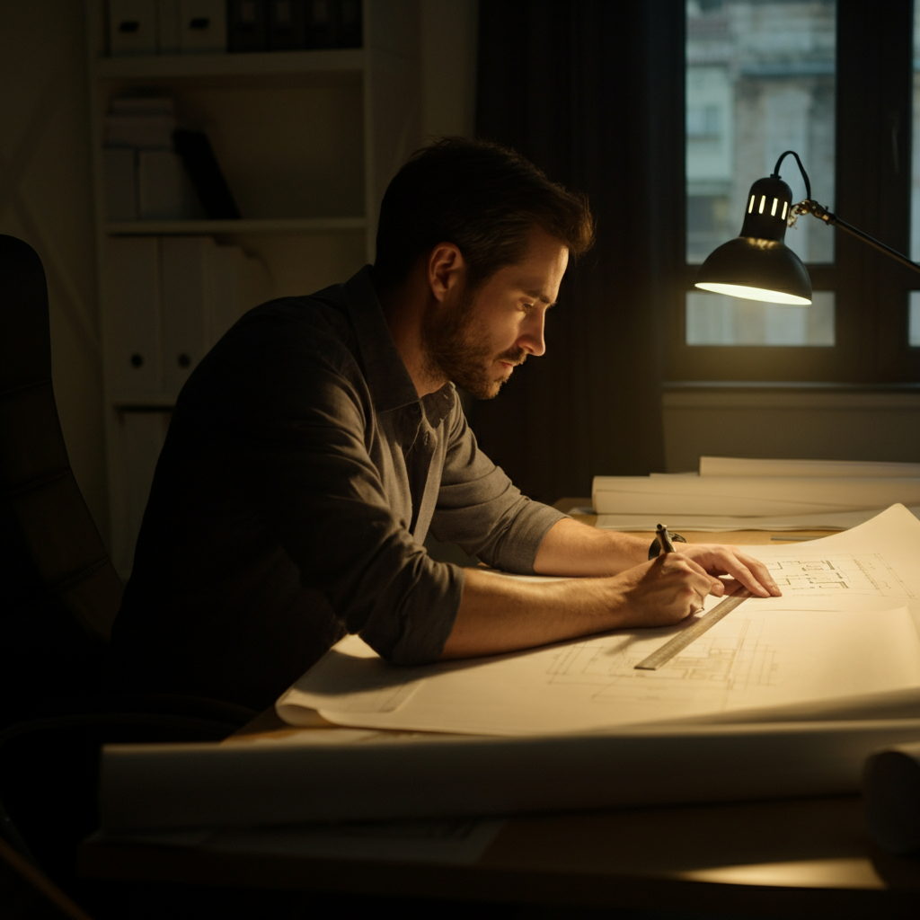 A well-lit office. An architect sits at a desk covered in blueprints. His brow is furrowed in concentration as he uses a t-square to draw a precise line. Golden hour lighting streams in from a nearby window, softly illuminating the architectural drawings.