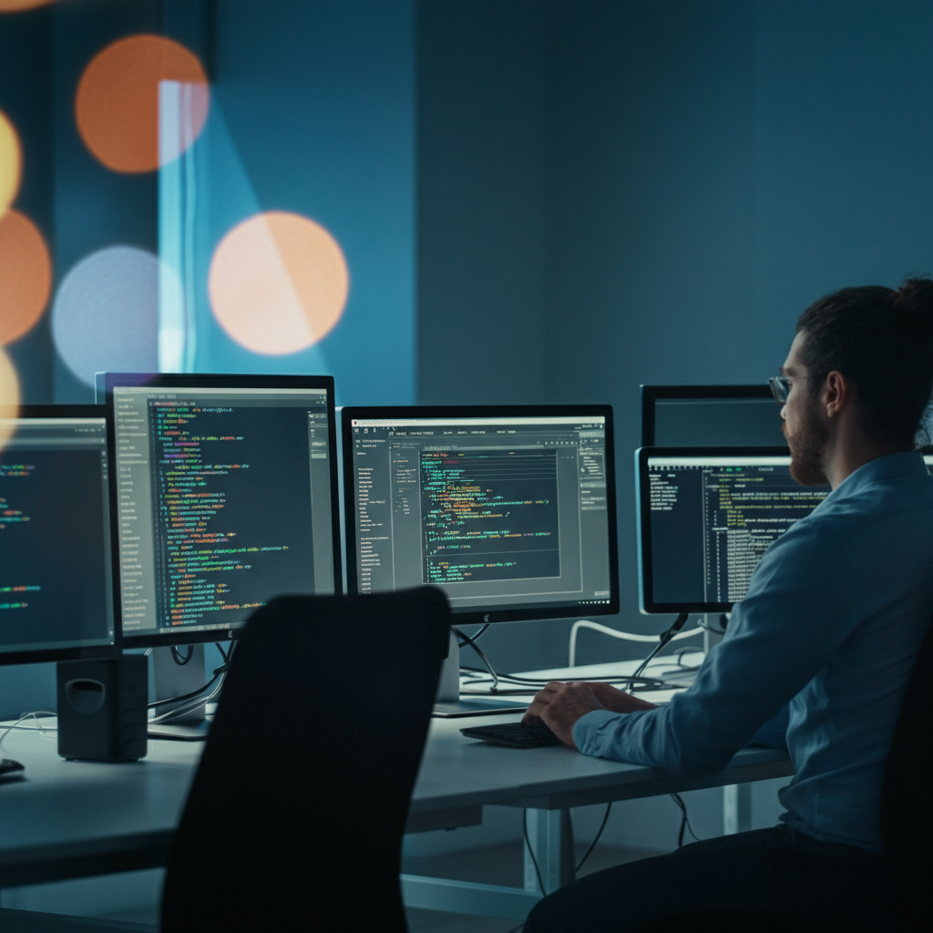 A busy tech office. Various monitors are showing different programming languages, scrolling code, and dashboards. Soft bokeh in the background.
