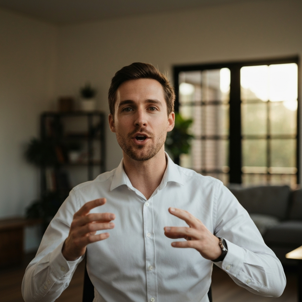 A candid video interview. A software developer in a crisp button-down shirt speaks clearly and confidently into a webcam. The background is a blurred, modern home office.
