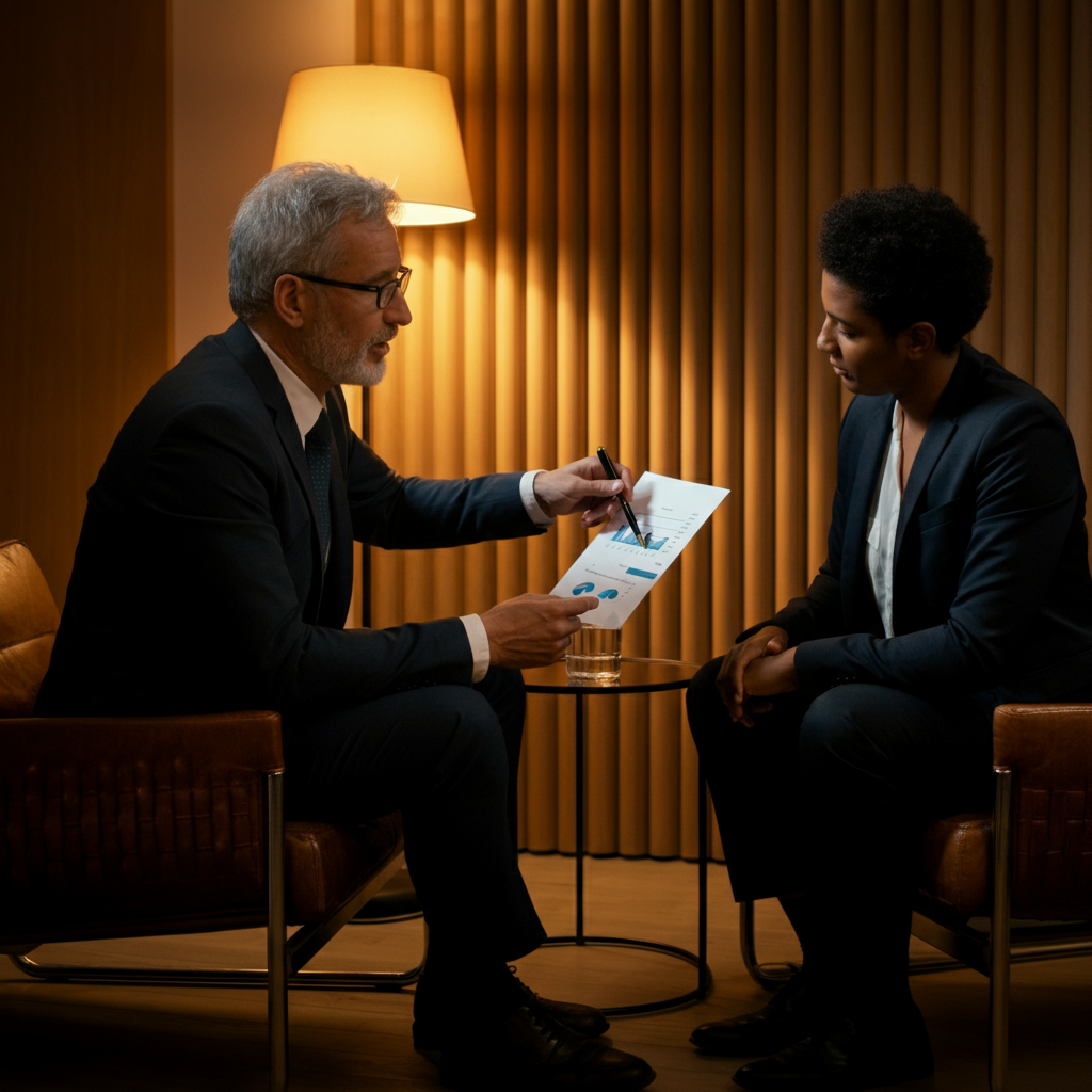 A mentor figure sits across from a team member. They are reviewing a document with graphs and charts, and the mentor points to something with a pen. Warm lighting, textured leather chairs.