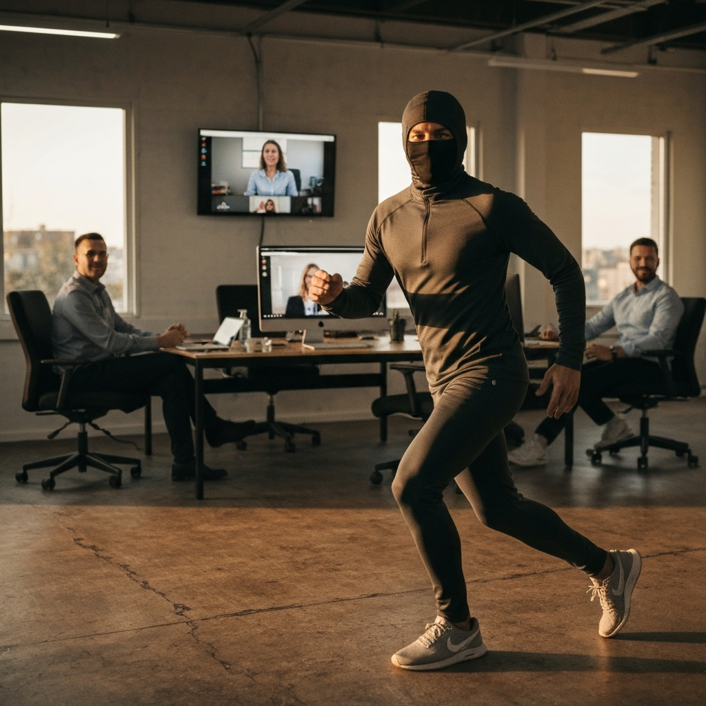 A hybrid office environment. Some of the team are present, others are communicating via videoconference on large screens. Natural smiles and good light.